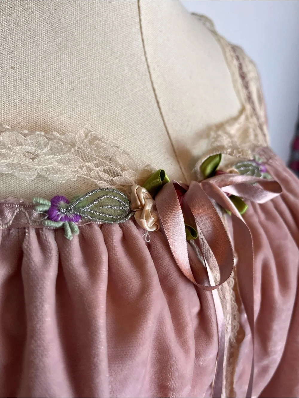 Free People Pink Velvet Peasant Blouse with Cream Lace and Embroidered Flowers